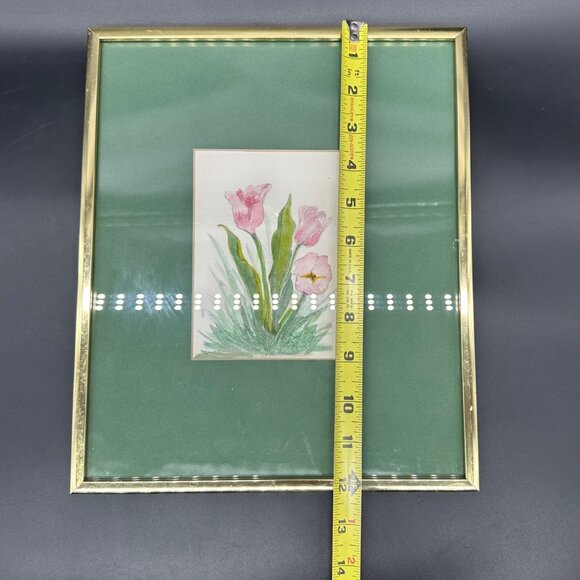 Watercolor Painting Tulips Pink Flower Gold Frame Signed Art Wall Hanging Floral - Picture 8 of 9